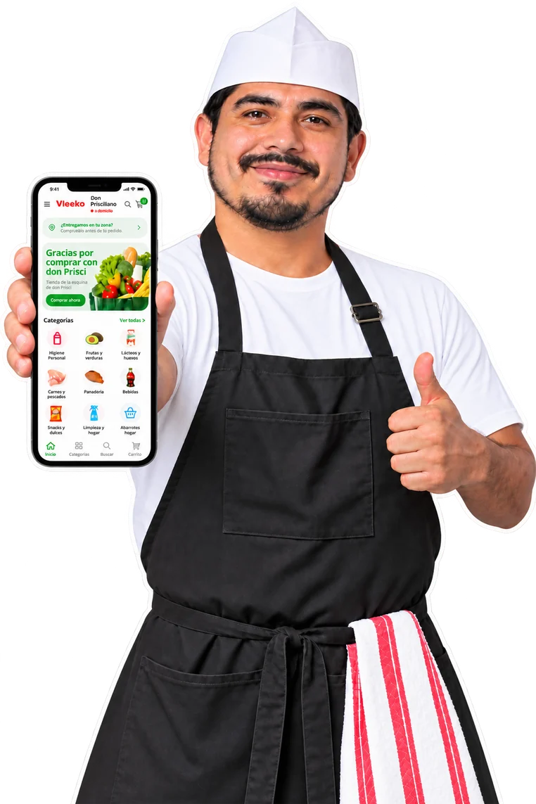 Taquero sonriente con el pulgar arriba mostrando en su celular la tienda en línea de su negocio hecha con Ahorita Va