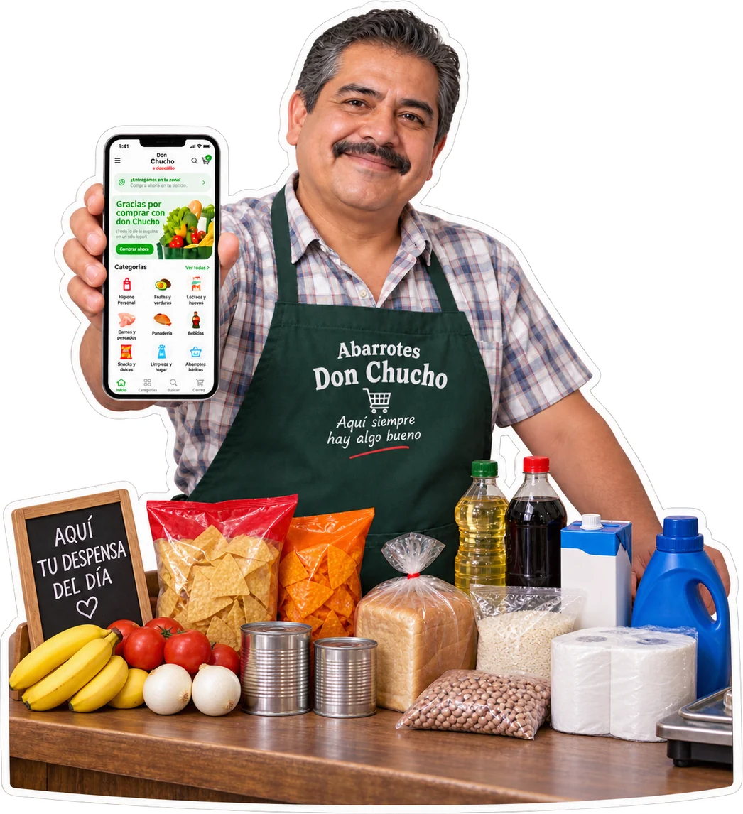 Dueño de un abarrote mostrando en su celular la tienda en línea de su negocio, con su mostrador lleno de productos